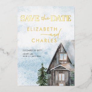Aquarell-Hütte Rustikaler Winter Save The Date Folieneinladung