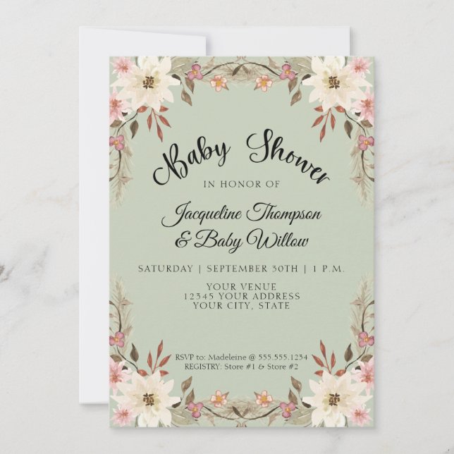 Aquarell Hütte Sage Baby Girl Dusche Einladung (Vorderseite)