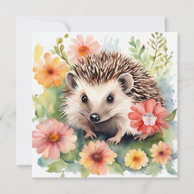 Aquarell-Igel und Blumen  Karte (Vorderseite)