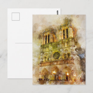 Aquarell-Illustration der Kathedrale Notre Dame in Postkarte