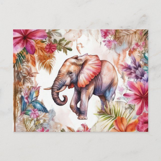 Aquarell Illustration eines Elefanten im Dschungel Postkarte (Vorderseite)