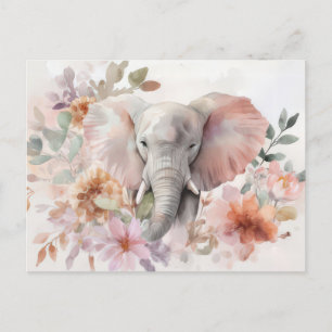 Aquarell Illustration eines Elefanten mit Blumen Postkarte