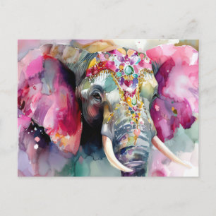 Aquarell Illustration eines Elefanten mit Blumen Postkarte