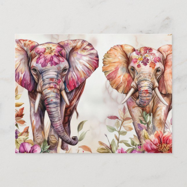 Aquarell Illustration eines Elefanten mit Blumen Postkarte (Vorderseite)