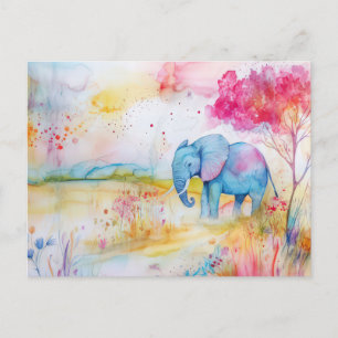 Aquarell Illustration eines Elefanten mit Blumen Postkarte