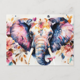 Aquarell Illustration eines Elefanten mit Blumen Postkarte