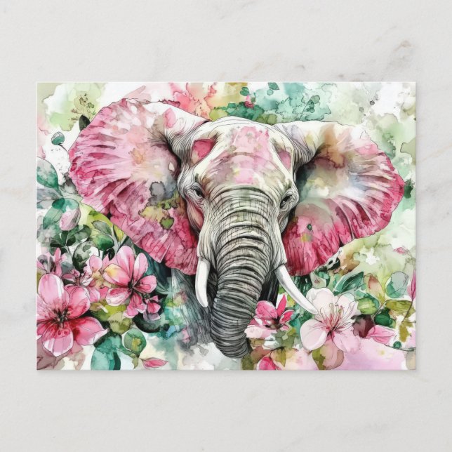 Aquarell Illustration eines Elefanten mit Blumen Postkarte (Vorderseite)
