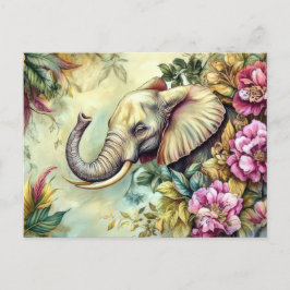 Aquarell Illustration eines Elefanten mit Blumen Postkarte