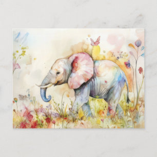 Aquarell Illustration eines Elefanten mit Blumen Postkarte