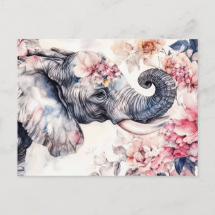 Aquarell Illustration eines Elefanten mit Blumen Postkarte