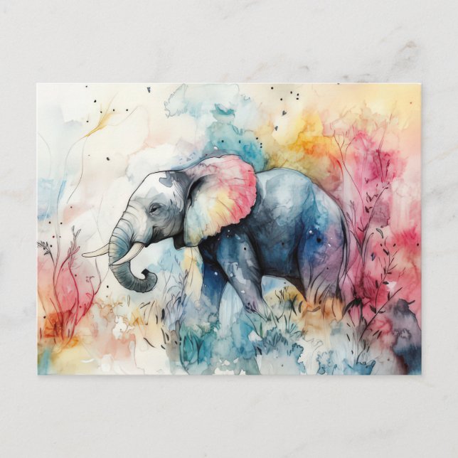 Aquarell Illustration eines Elefanten mit Blumen Postkarte (Vorderseite)