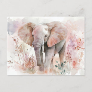 Aquarell Illustration eines Elefanten mit Blumen Postkarte