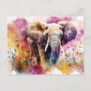 Aquarell Illustration eines Elefanten mit Blumen Postkarte