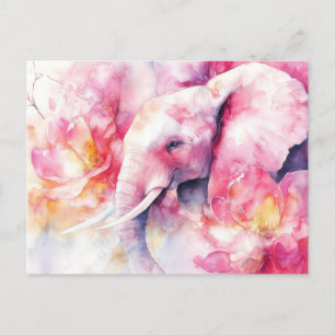 Aquarell Illustration eines Elefanten mit Blumen Postkarte