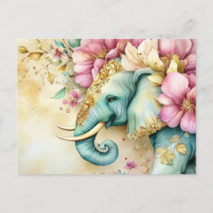 Aquarell Illustration eines Elefanten mit Blumen Postkarte