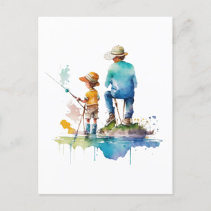 Aquarell-Illustration von Vater und Sohn, AI-Kunst Postkarte
