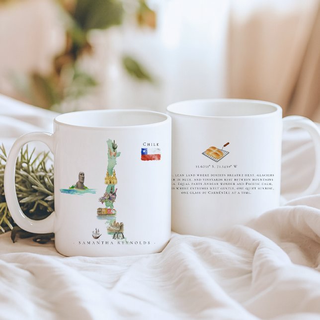 Aquarell-Illustrierte Karte Chile | Monogramm Kaffeetasse (Von Creator hochgeladen)