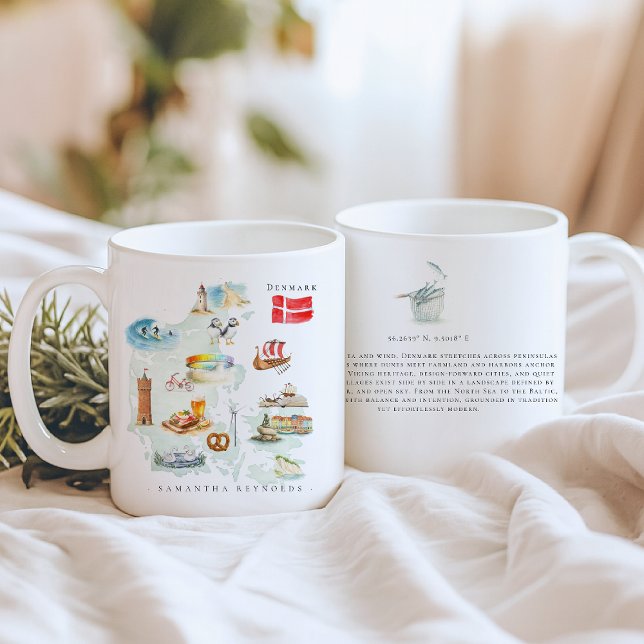 Aquarell-Illustrierte Karte Dänemark | Monogramm Kaffeetasse (Von Creator hochgeladen)