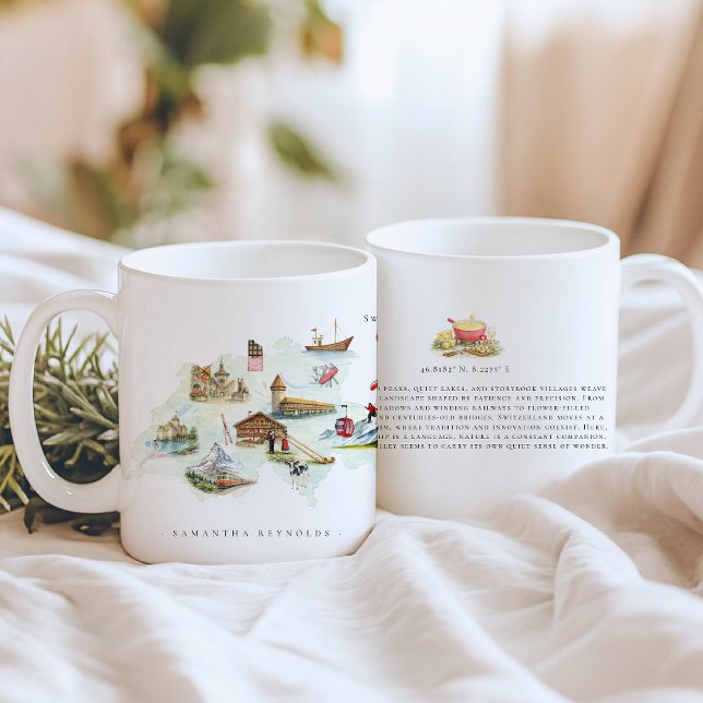 Aquarell-Illustrierte Karte Schweiz | Monogramm Kaffeetasse (Von Creator hochgeladen)