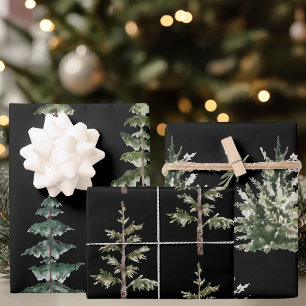 Aquarell Immergrüne Bäume auf schwarzem Rustikal  Geschenkpapier Set