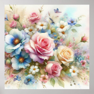 Aquarell in zarten Pastellfarben mit Blumenmotiv  Poster