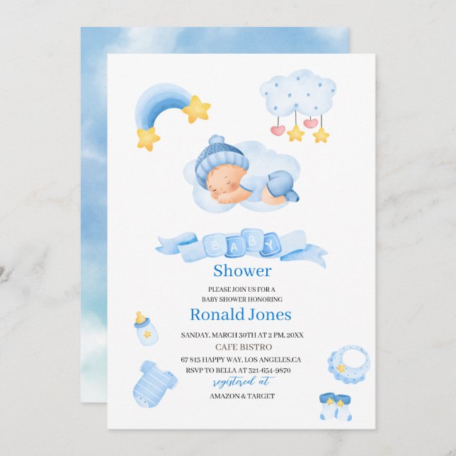 Aquarell ist Junge Blue Boho Kinderzimmer Baby Sho Einladung (Vorne/Hinten)