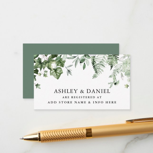 Aquarell Ivy Ferns Sage Green Wedding Registry Begleitkarte (Vorderseite/Rückseite Beispiel)