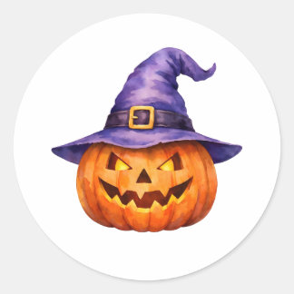 Aquarell-Jack-O-Lantern in einem violetten Hexenhu Runder Aufkleber