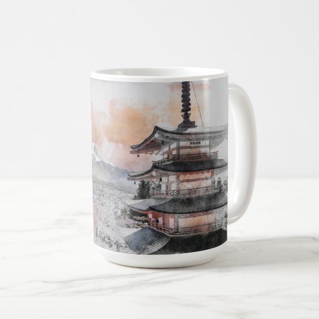 Aquarell Japanische Pagode & Fuji  Kaffeetasse (VorderseiteRechts)