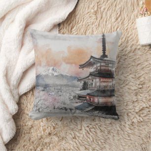 Aquarell Japanische Pagode & Fuji  Kissen