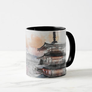 Aquarell Japanische Pagode & Fuji Tasse