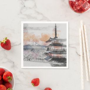 Aquarell Japanische Pagode & Mount Fuji Landschaft Serviette