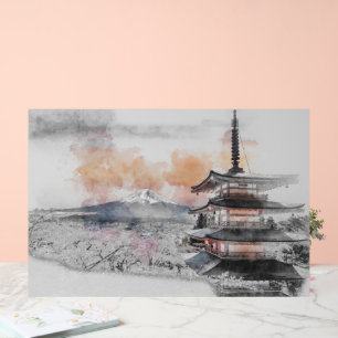 Aquarell Japanische Pagode & Mt. Fuji  Acrylschild