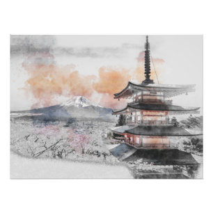 Aquarell Japanische Pagode & Mt. Fuji  Fotodruck