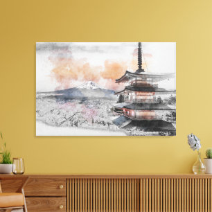 Aquarell Japanische Pagode & Mt. Fuji Leinwanddruck