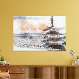 Aquarell Japanische Pagode & Mt. Fuji  Leinwanddruck