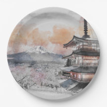 Aquarell-Japanische Pagode & Mt. Fuji-Papierteller
