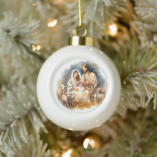 Aquarell Jesuskind Christus mit Maria und Josef Keramik Kugel-Ornament