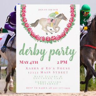 Aquarell-Jockey & Pferd mit Rosen Derby-Party Einladung