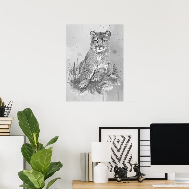 Aquarell Junger Puma Berglöwe Tier Kunst Poster (Heimbüro)