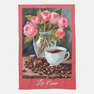 Aquarell Kaffee & Blumen – gemütliche Dekoration Geschirrtuch