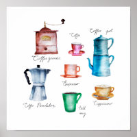 Aquarell-Kaffeekanne, Mühle, Tasse, Becher, Moka-K