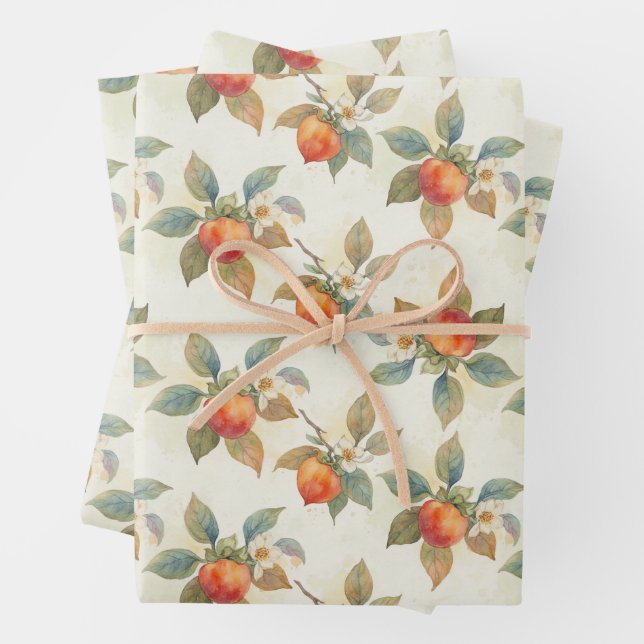 Aquarell-Kaki-Frucht und Blumen  Geschenkpapier Set (Beispiel)