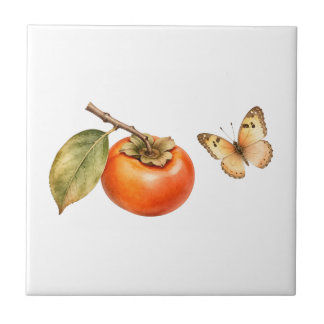 Aquarell-Kaki-Frucht und Schmetterling  Fliese