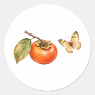 Aquarell-Kaki-Frucht und Schmetterling Runder Aufkleber