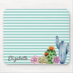 Aquarell Kaktus, Mintgrün gestreift Mousepad