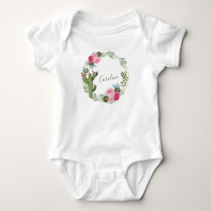 Aquarell-Kaktus-Rosa-Blumenkranz personalisiert Baby Strampler