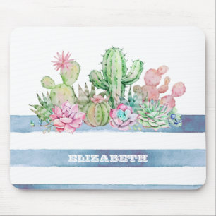Aquarell Kaktus Sukkulenten Blumen Streifen Mousepad
