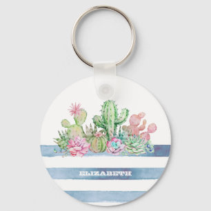 Aquarell Kaktus Sukkulenten Blumen Streifen Schlüsselanhänger