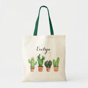 Aquarell-Kaktus-Topf erröten mit Blumen Tragetasche